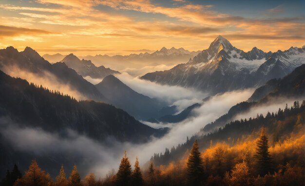 Aerial view of misty mountain valley