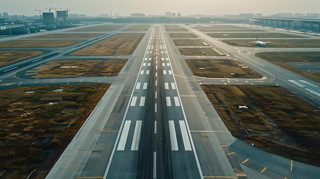 Aerial View of Modern Airport Runway and Airfield with Cityscape Skyline