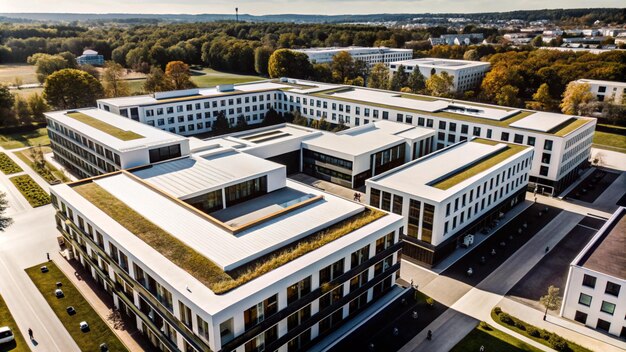 Photo aerial view of modern campus buildings surrounded by nature