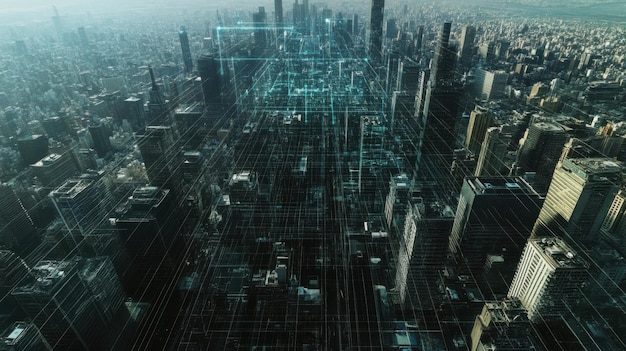 Photo aerial view of a modern city with a digital grid overlay symbolizing the power of generative ai