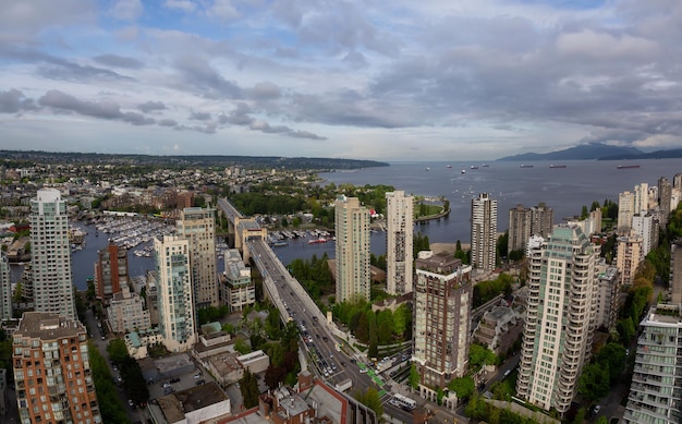 Aerial view of a modern cityscape on West Coast Vancouver Downtown