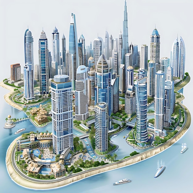 Aerial View of Modern Cityscape with Skyscrapers and Boats Illustration