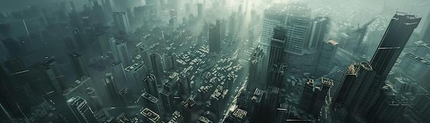 Aerial view of a modern cityscape with tall skyscrapers and dense buildings shrouded in a misty atmosphere creating a futuristic ambiance