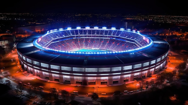 Aerial view of a modern football stadium at night with lights Generative AI