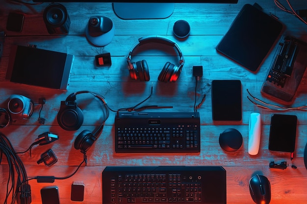 Photo aerial view of a modern gaming setup featuring headphones keyboard and various electronic devices on a wooden desk