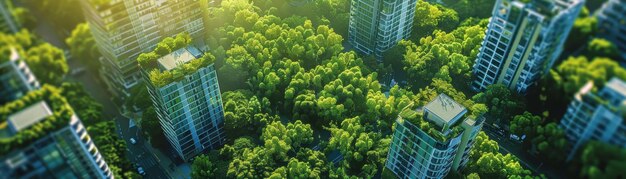 Photo aerial view of modern highrise buildings surrounded by lush green trees showcasing urban sustainabil