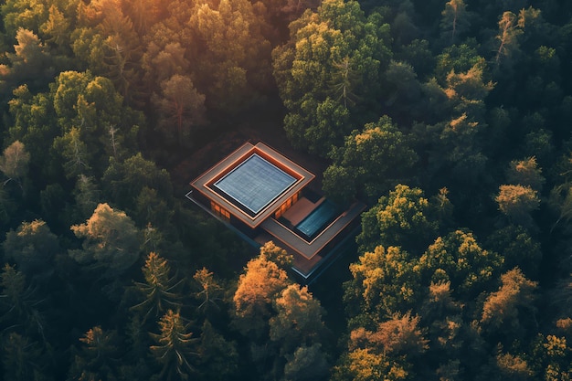 Aerial view of a modern house with swimming pool standing in the middle of green forest at sunset