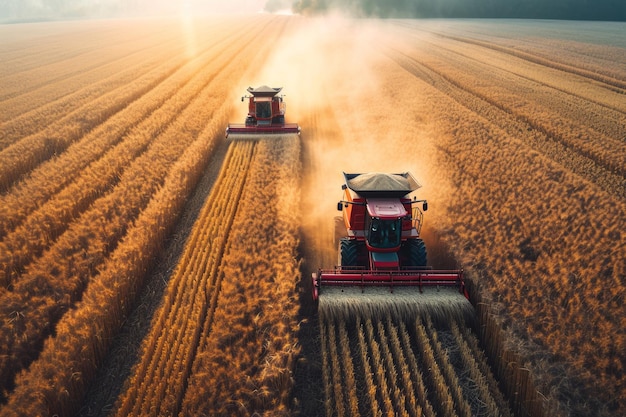 Aerial view of modern industrial combines harvesting wheat cereals on a summer evening grain