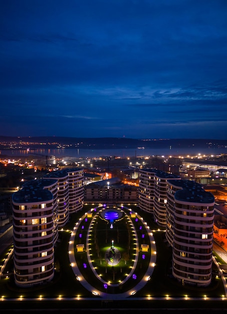 Aerial view of modern residential complex in Varna city at night Night urban landscape