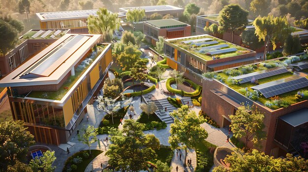 Photo aerial view of a modern school campus with ecofriendly buildings and green rooftops