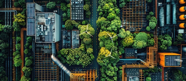 Aerial View of Modern Sustainable City with Greenery and Renewable Energy Wind Turbines