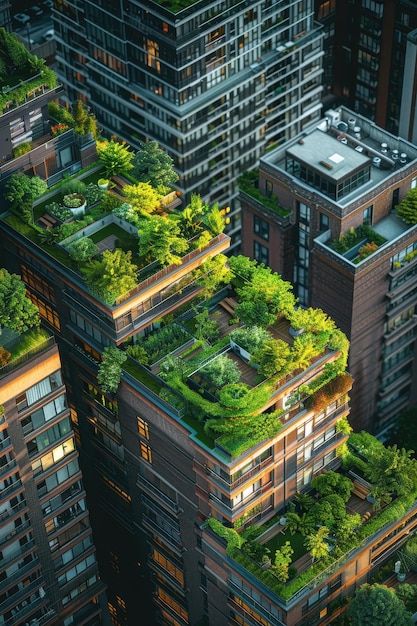 Photo aerial view of modern urban buildings with lush green rooftop gardens in a bustling cityscape