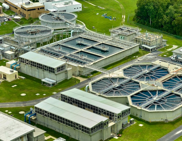 Aerial view of modern water cleaning facility at urban wastewater treatment plant Purification process of removing undesirable chemicals suspended solids and gases from contaminated liquid