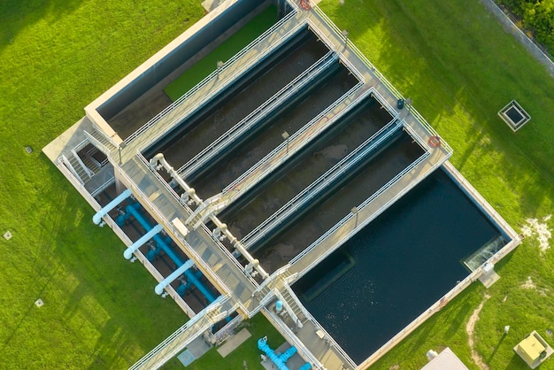 Aerial view of modern water cleaning facility at urban wastewater treatment plant Purification process of removing undesirable chemicals suspended solids and gases from contaminated liquid