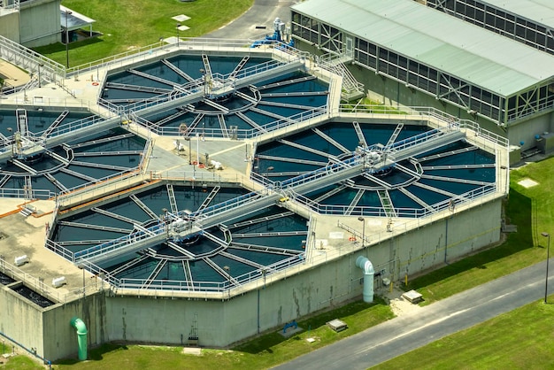 Aerial view of modern water cleaning facility at urban wastewater treatment plant Purification process of removing undesirable chemicals suspended solids and gases from contaminated liquid