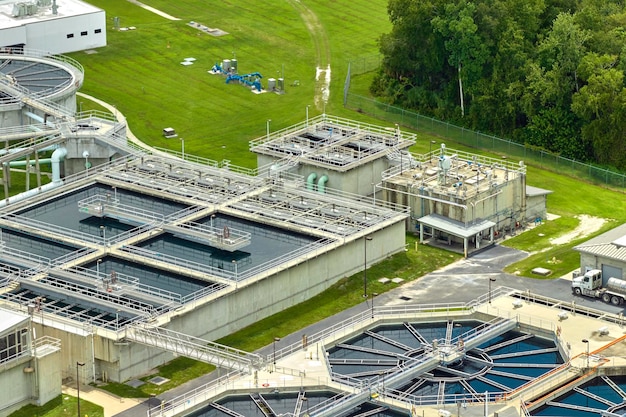 Aerial view of modern water cleaning facility at urban wastewater treatment plant Purification process of removing undesirable chemicals suspended solids and gases from contaminated liquid