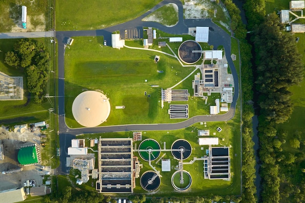 Aerial view of modern water cleaning facility at urban wastewater treatment plant Purification process of removing undesirable chemicals suspended solids and gases from contaminated liquid