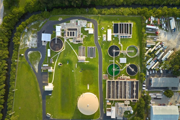 Aerial view of modern water cleaning facility at urban wastewater treatment plant Purification process of removing undesirable chemicals suspended solids and gases from contaminated liquid