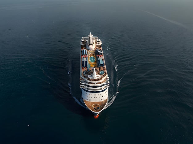 Aerial view of modern white cruise ship sailing on rippling sea water against cloudy sunset sky