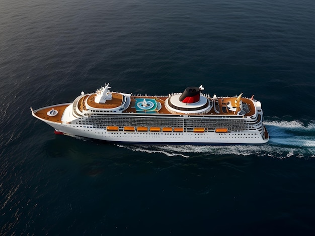 Aerial view of modern white cruise ship sailing on rippling sea water against cloudy sunset sky