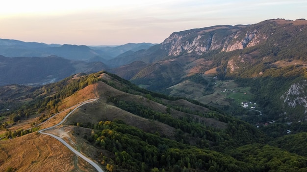 Aerial view of morning landscape in Dumesti, in Apuseni mountains of Romania.