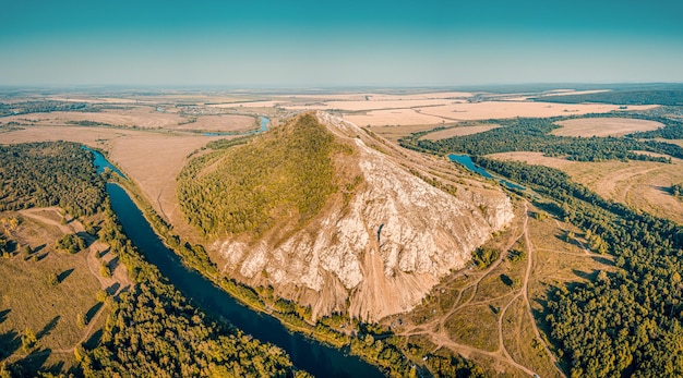 Aerial view of Mount Shikhan Yuraktau an ancient coral reef and a deposit of sodium carbon dioxide and a popular tourist destination