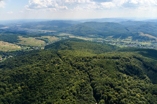 Aerial view of mountain hills covered with dense green lush woods on bright summer day