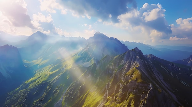 An aerial view of a mountain range with sunbeams shining through the clouds