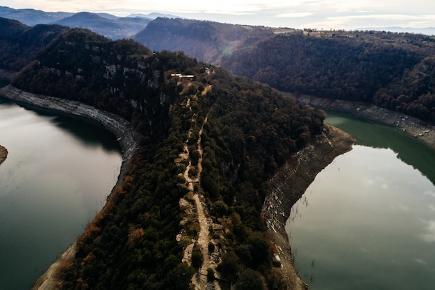 Aerial view of the mountain and river