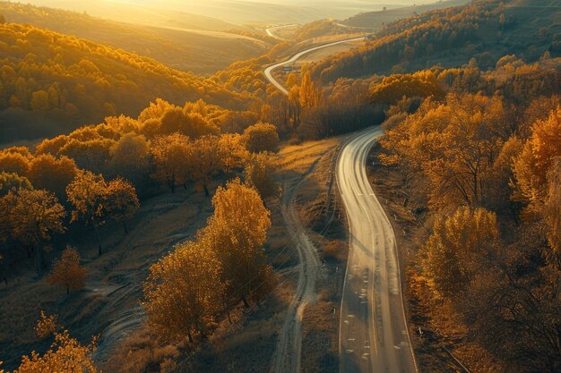 Photo aerial view of a mountain road in an autumn forest at sunset in ukraine