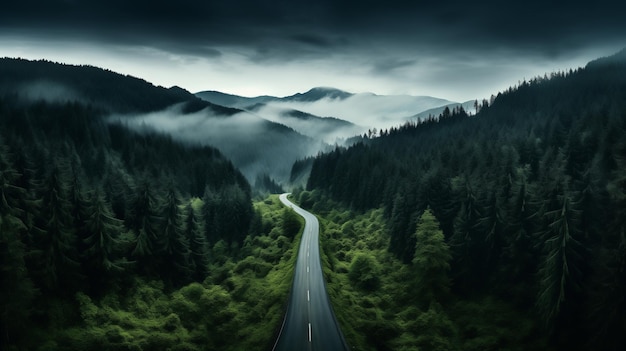 Aerial view of mountain road in green forest Top view from drone of road in woods Beautiful landscape with roadway in hills pine trees generative ai