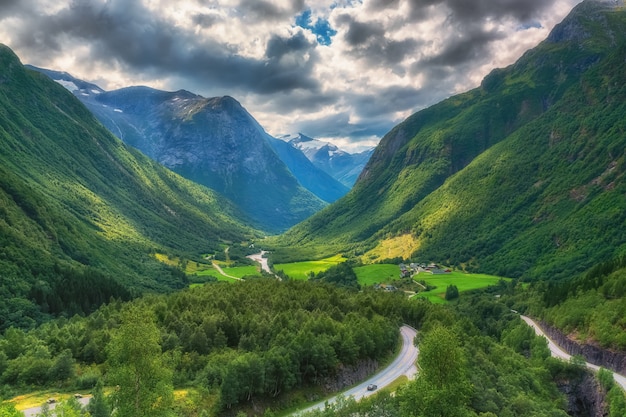 Aerial view of mountain valley in the central part of  Norway.