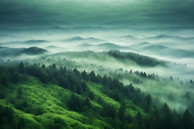 Aerial view of mountains landscape with fog in the morning