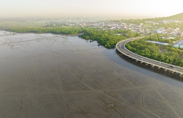 Aerial view of mudflat mangrove forest and sustainable city and green mangrove forest Mangroves