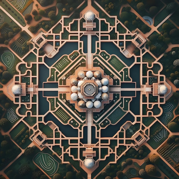 Photo aerial view of mughal garden with geometric patterns and water channels