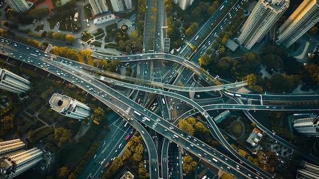 Aerial view of a multilevel highway interchange with heavy traffic