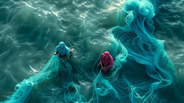 Aerial view of Muslim women weaving blue fishing nets in the serene sea with soft edges and blurred