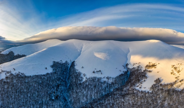 Aerial view of the mystical landscape of a winter