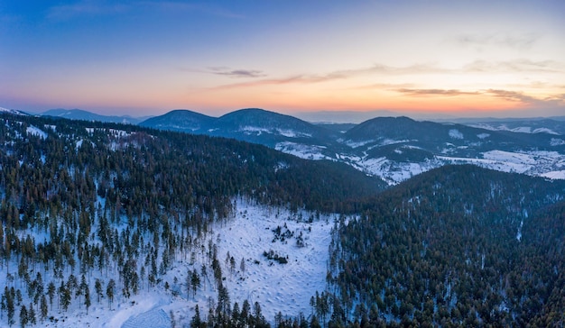 Aerial view of the mystical landscape of a winter