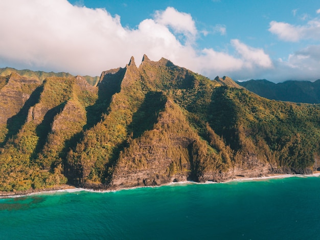 Aerial view of the Na Pali coast cliffs in Hawaii