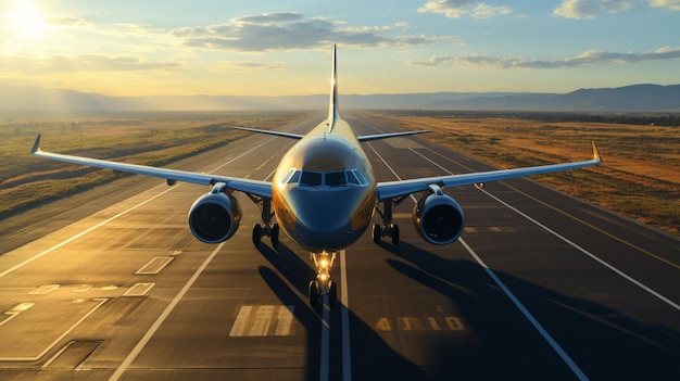 Aerial view of narrow body aircraft departing airport runway