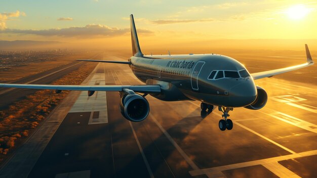 Aerial view of narrow body aircraft departing airport runway