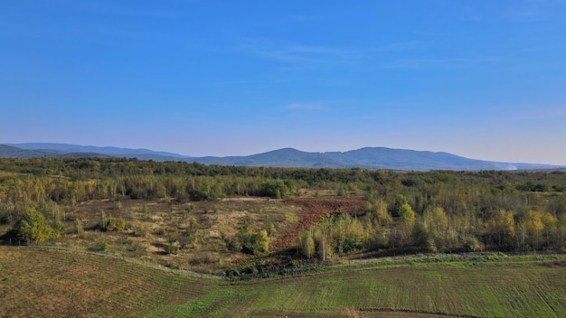 Aerial view of natural autumn landscape mountain valley from the countryside with beautiful panorama