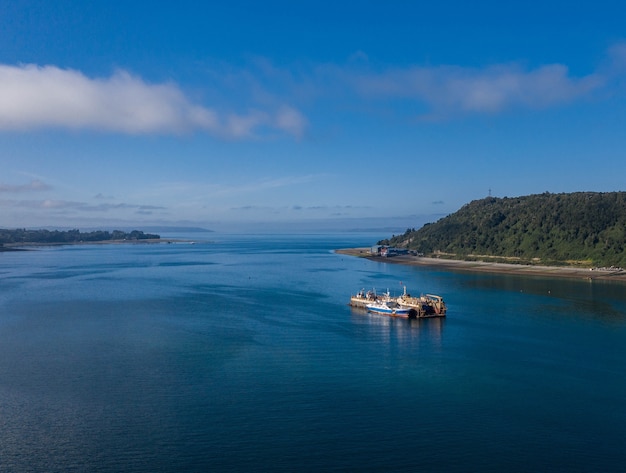 Aerial view of nautical vessel at Puerto Montt, Chile