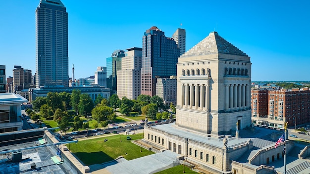 Aerial View of Neoclassical Building Amidst Indianapolis Skyscrapers