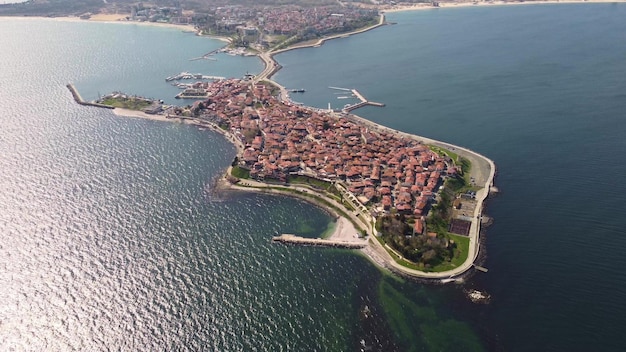 Aerial view of Nesebar ancient city on the Black Sea coast of Bulgaria