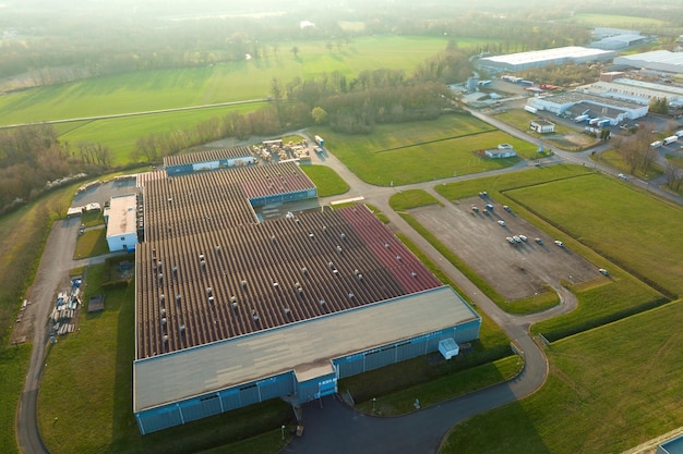 Aerial view of new factory building for producing and shipping of industrial equipment