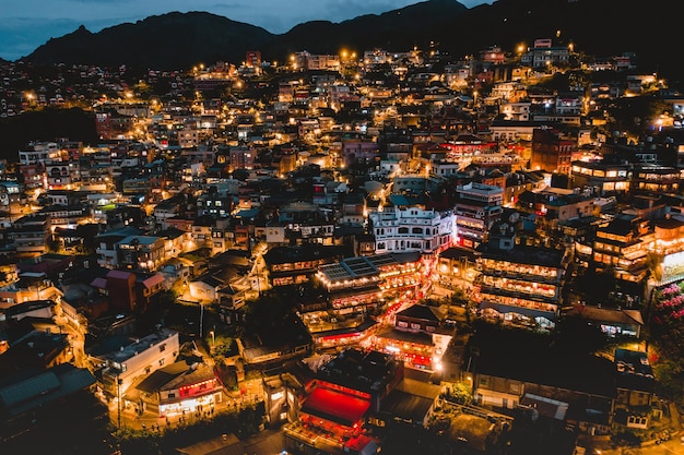 Aerial view of night scene of Jioufen village Taiwan The colourful scene at night of Jiufen old city Jiufen Taiwan