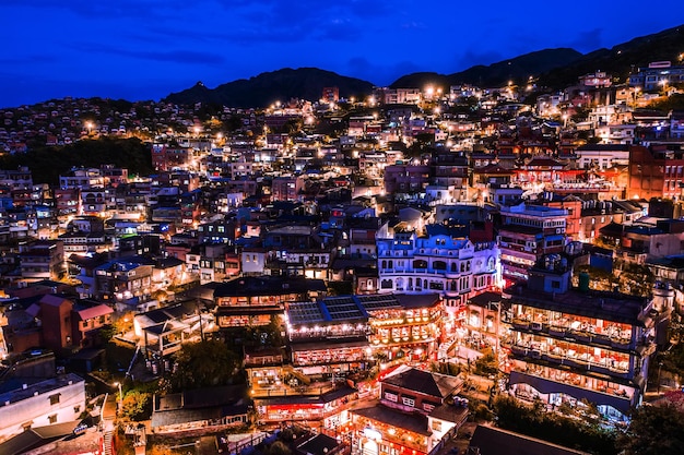 Aerial view of night scene of Jioufen village Taiwan The colourful scene at night of Jiufen old city Jiufen Taiwan