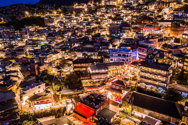 Aerial view of night scene of Jioufen village Taiwan The colourful scene at night of Jiufen old city Jiufen Taiwan